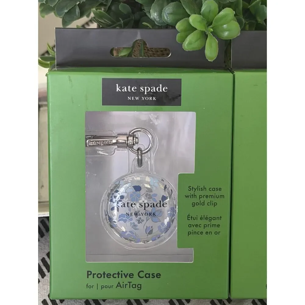 Kate Spade Flowerbed Blue AirTag Case 2 Pack Floral Silver Clip NIB